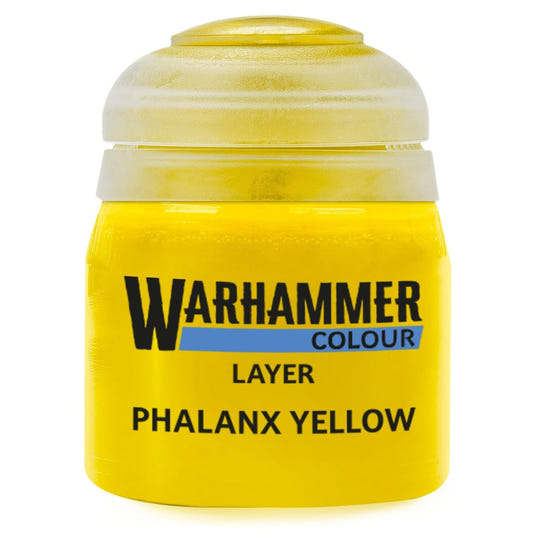 Yellow paint jar labeled 'Warhammer Colour Phalanx Yellow' on a white background