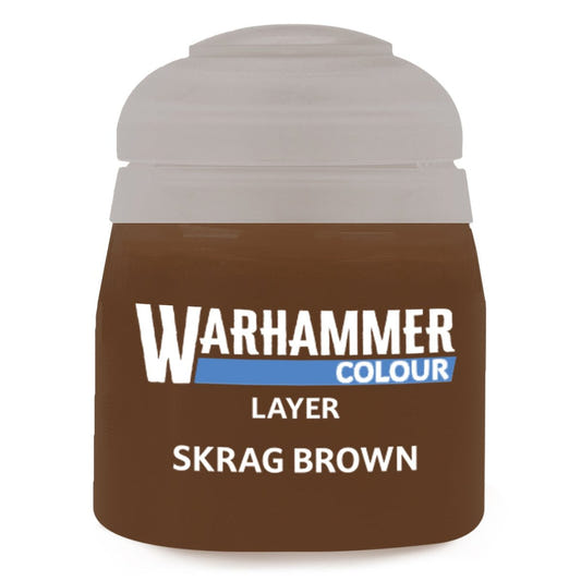 Green paint can labeled 'Skrag Brown' from Warhammer Colour on a white background