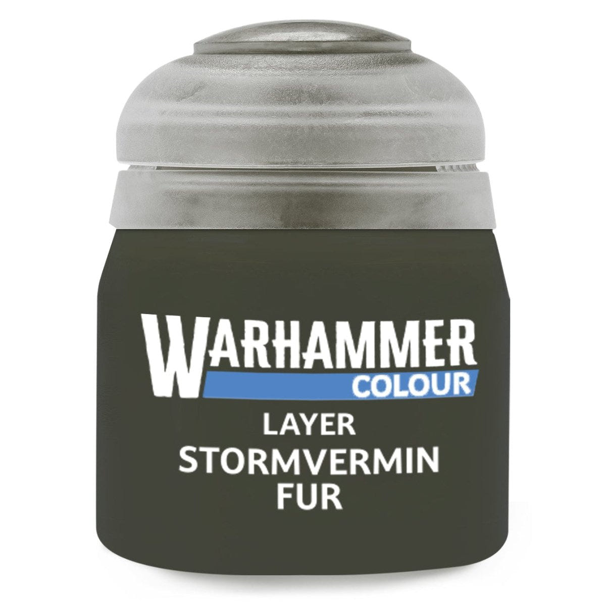 A small jar of Warhammer Colour paint with the shade name 'Layer Stormvermin Fur' printed on the front. The jar is a very dark olive green, and the cap is a textured metallic silver-gray.