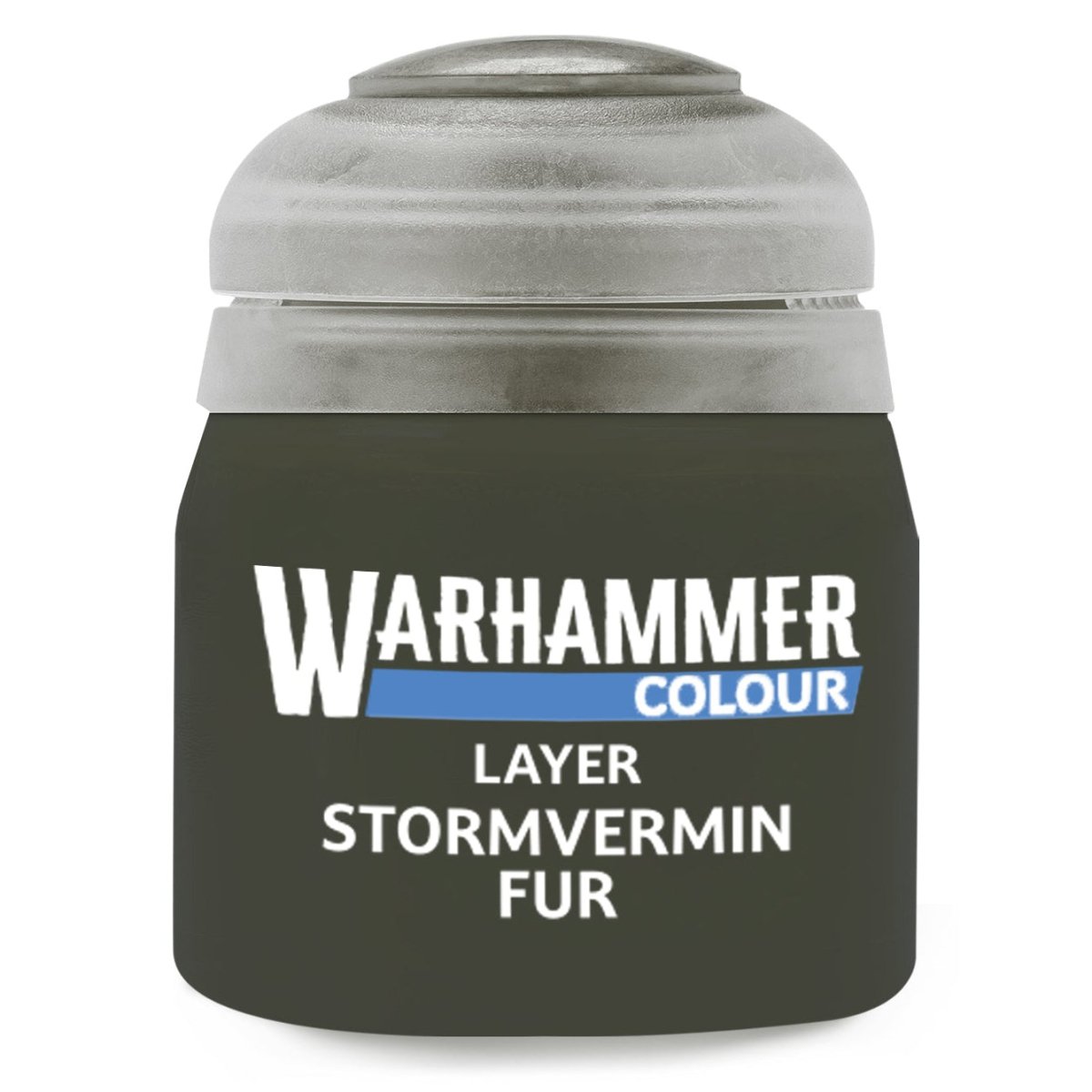 A small jar of Warhammer Colour paint with the shade name 'Layer Stormvermin Fur' printed on the front. The jar is a very dark olive green, and the cap is a textured metallic silver-gray.