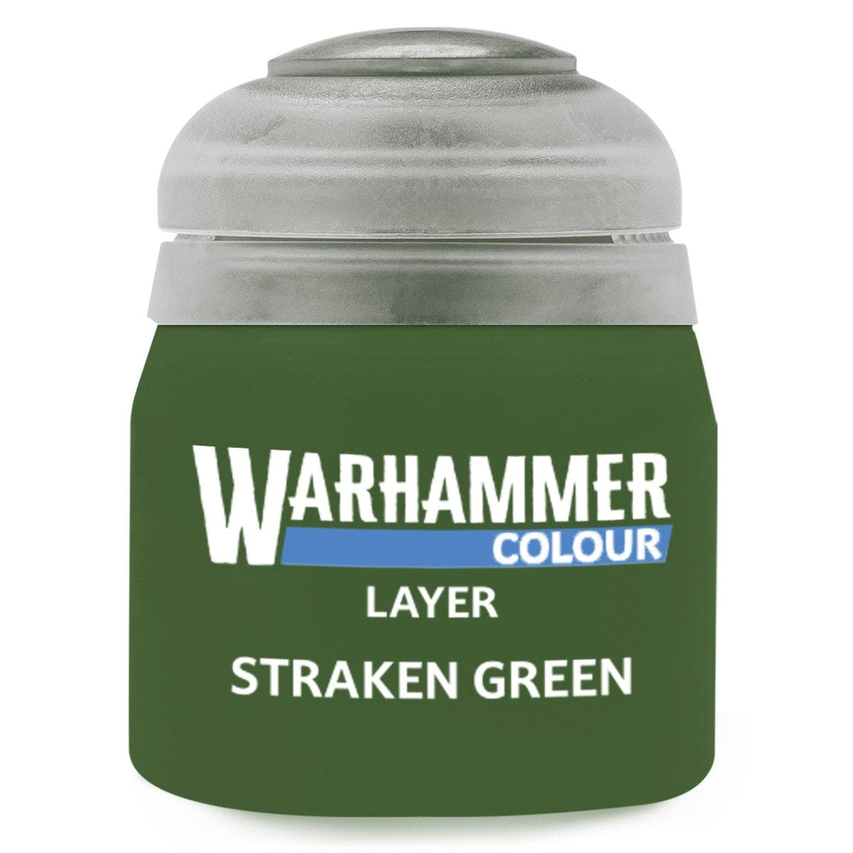 Green paint can labeled 'Warhammer Colour Layer Straken Green' on a white background