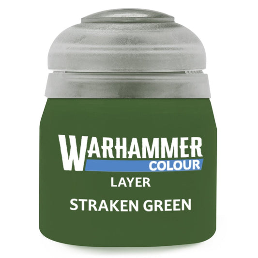 Green paint can labeled 'Warhammer Colour Layer Straken Green' on a white background