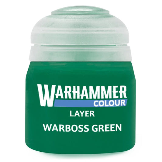 Green paint can labeled 'Warhammer Colour Warboss Green' on a white background