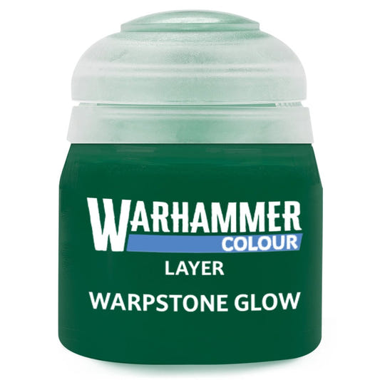 Green paint canister labeled 'Warhammer Colour Warpstone Glow' on a white background