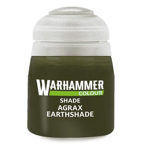 Warhammer Colour Shade Aggrax Earthshade paint can on a white background