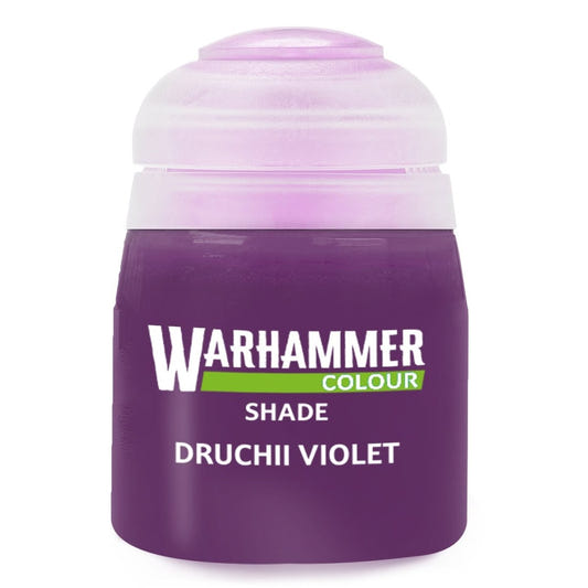 Purple paint can labeled 'Warhammer Colour Shade Druchii Violet' on a white background