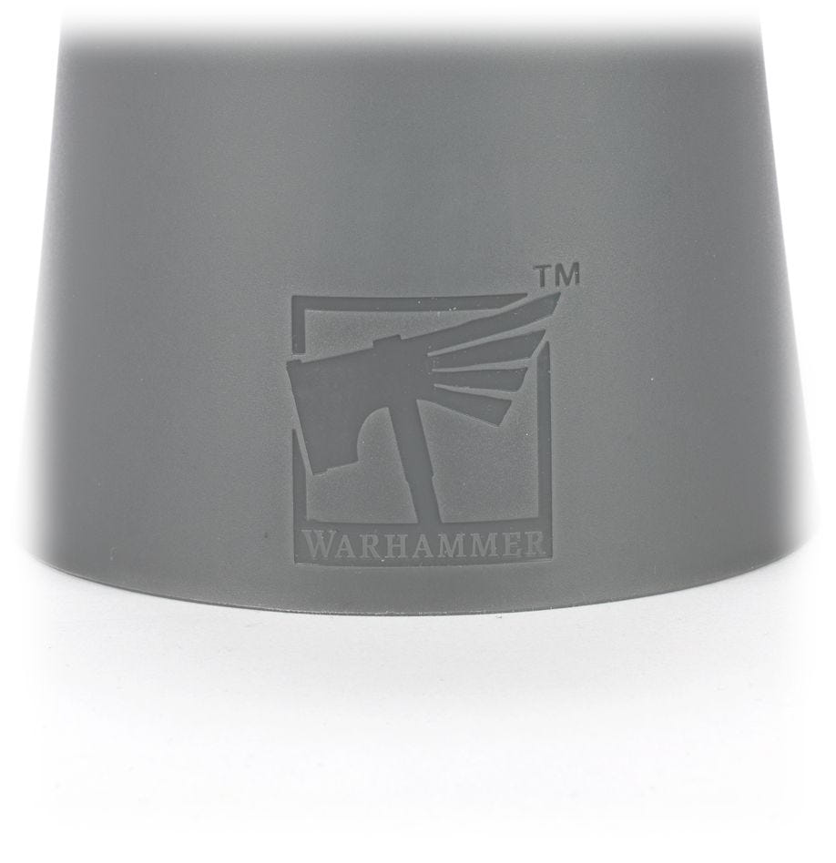 Close-up of the embossed Warhammer logo on the side of the grey Warhammer Colour Water Pot