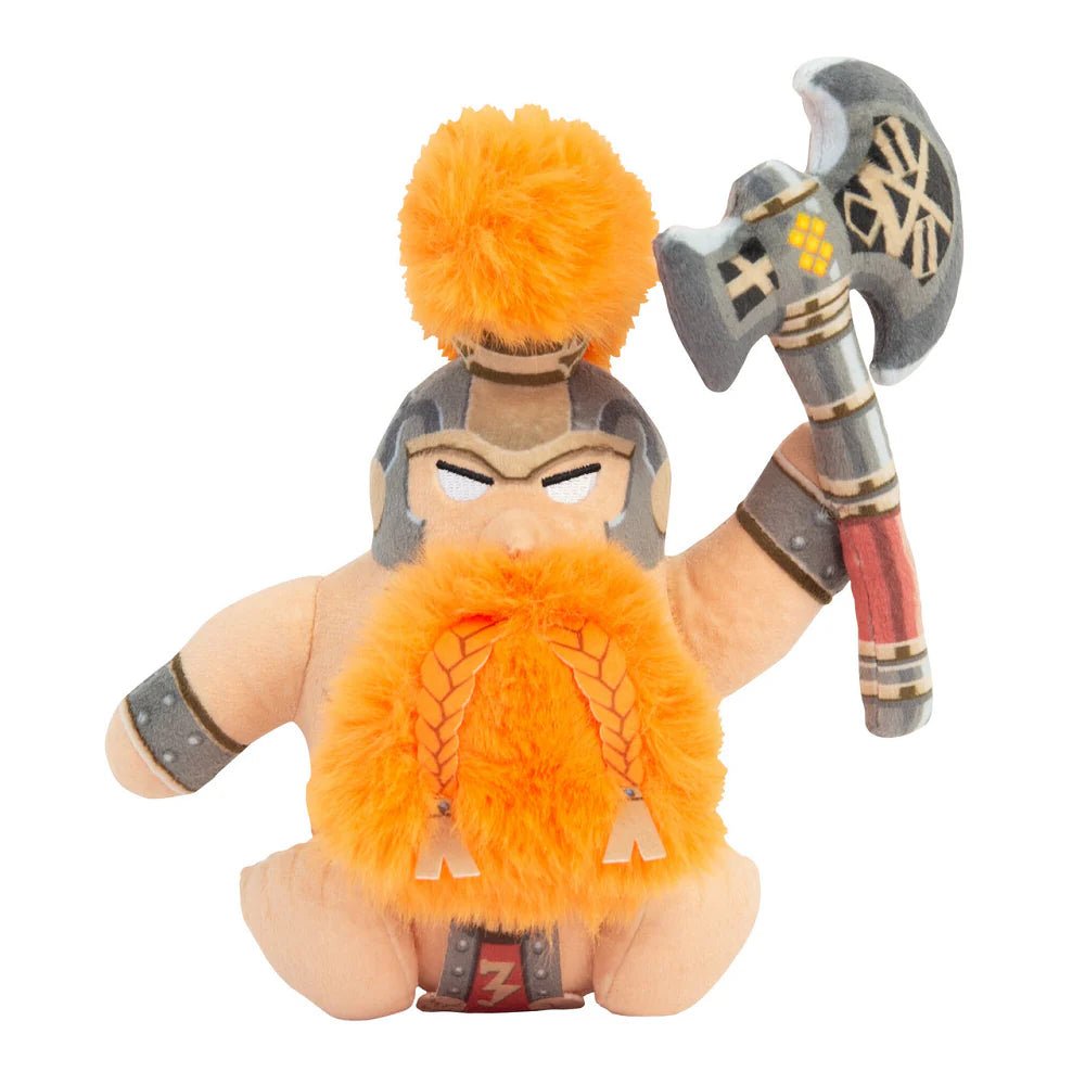 TOMY Warhammer Fyreslayer plush with orange crest and beard holding an axe, front