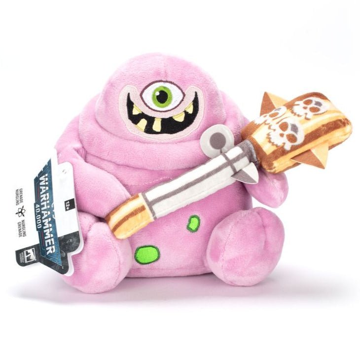 TOMY Warhammer Grenade Nurgling plush, pink one-eyed Nurgling holding a big grenade