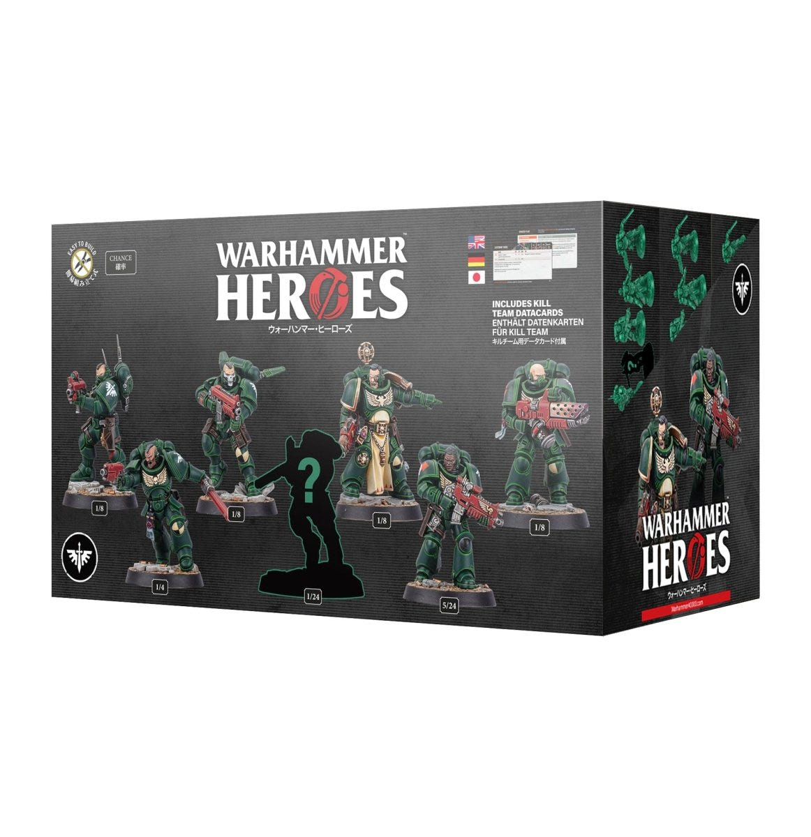 Warhammer Heroes Dark Angels box showing the collectible Space Marine heroes and a mystery figure