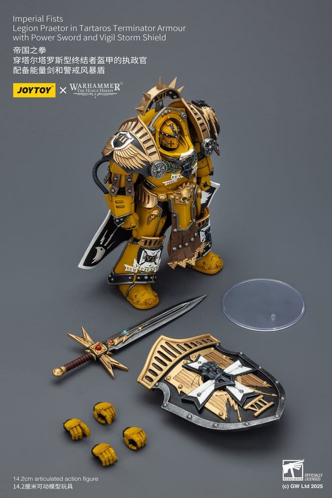 JoyToy Imperial Fists Tartaros Terminator Legion Praetor 14 cm, contents: power sword, storm shield, spare hands and stand