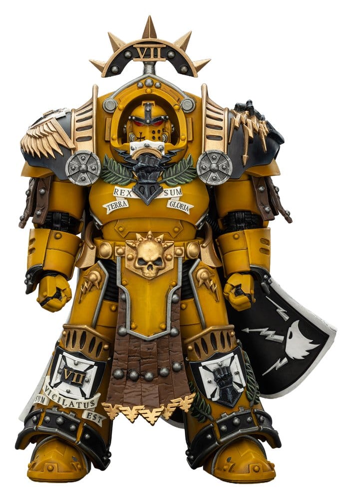 JoyToy Imperial Fists Tartaros Terminator Legion Praetor 14 cm, front view with storm shield, white background