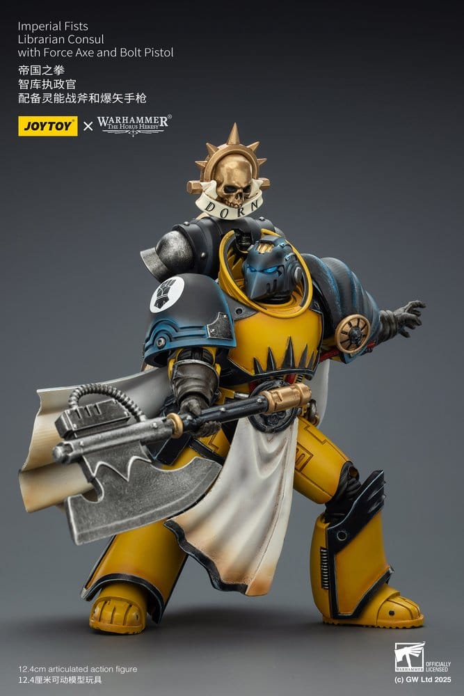 JoyToy Imperial Fists Librarian Consul 12 cm action figure, crouched pose with force axe