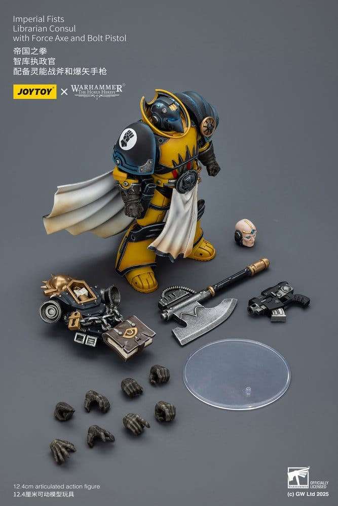 JoyToy Imperial Fists Librarian Consul 12 cm action figure with force axe, bolt pistol, spare head, hands and stand