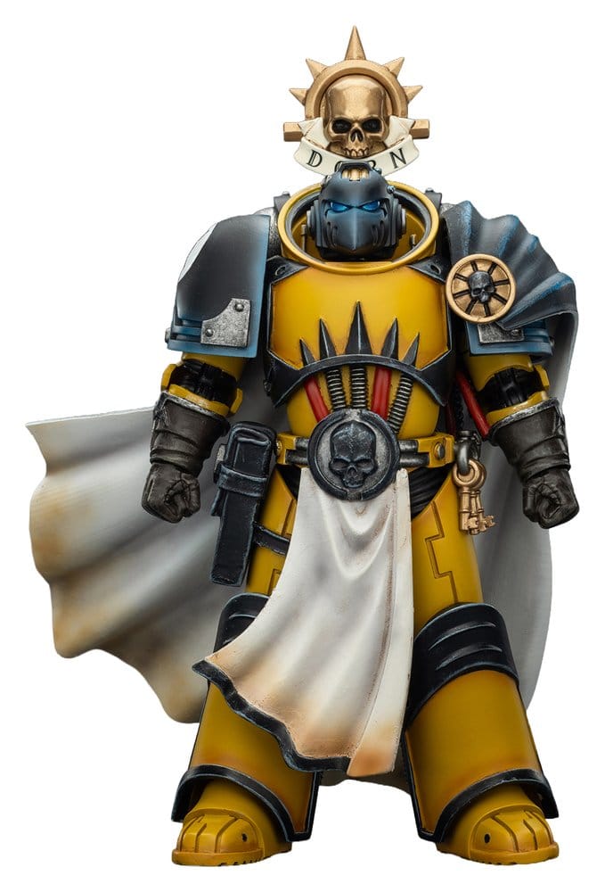 JoyToy Imperial Fists Librarian Consul 12 cm action figure, helmeted front view with psychic hood and cloak, white background