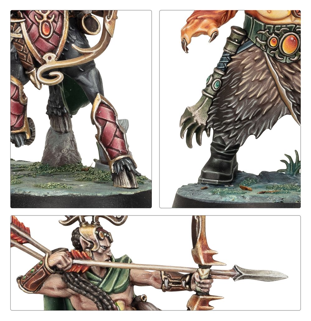 Close-up details of painted Warhammer Quest: Darkwater miniatures, armour, fur and a drawn bow
