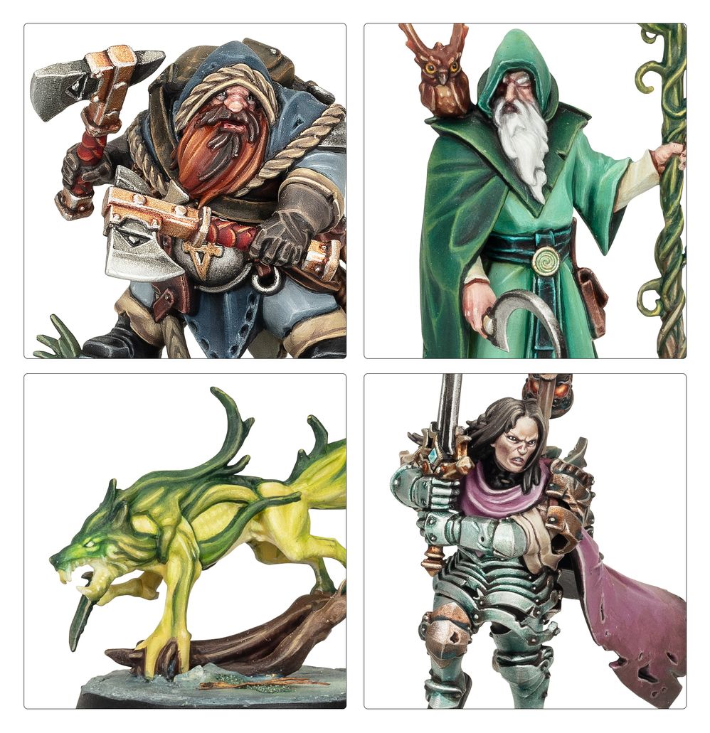 Close-ups of painted Warhammer Quest: Darkwater heroes: bearded fighter, hooded wizard, beast and duellist