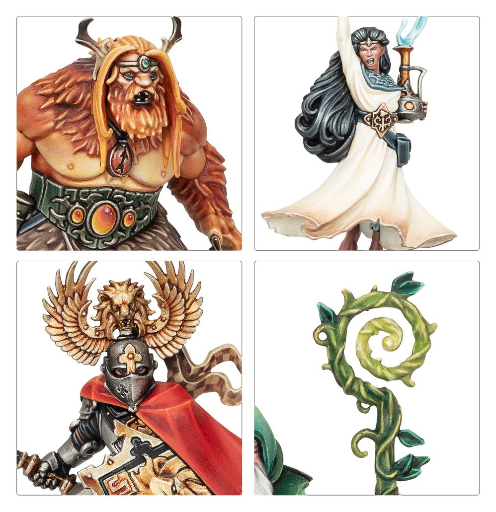 Close-ups of painted Warhammer Quest: Darkwater heroes, including a winged helm and a spiral staff