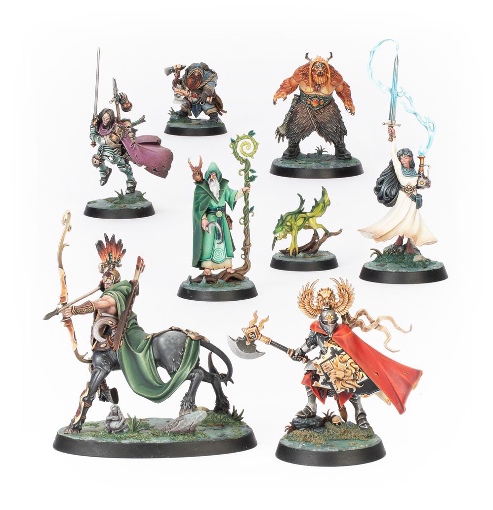 Painted hero miniatures from Warhammer Quest: Darkwater, including an archer, wizard and warriors