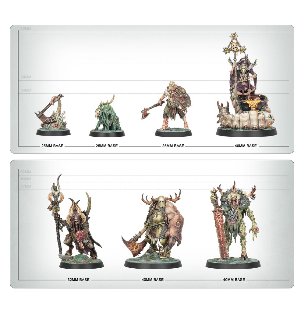 Warhammer Quest: Darkwater enemy miniatures lined up by base size as a scale guide