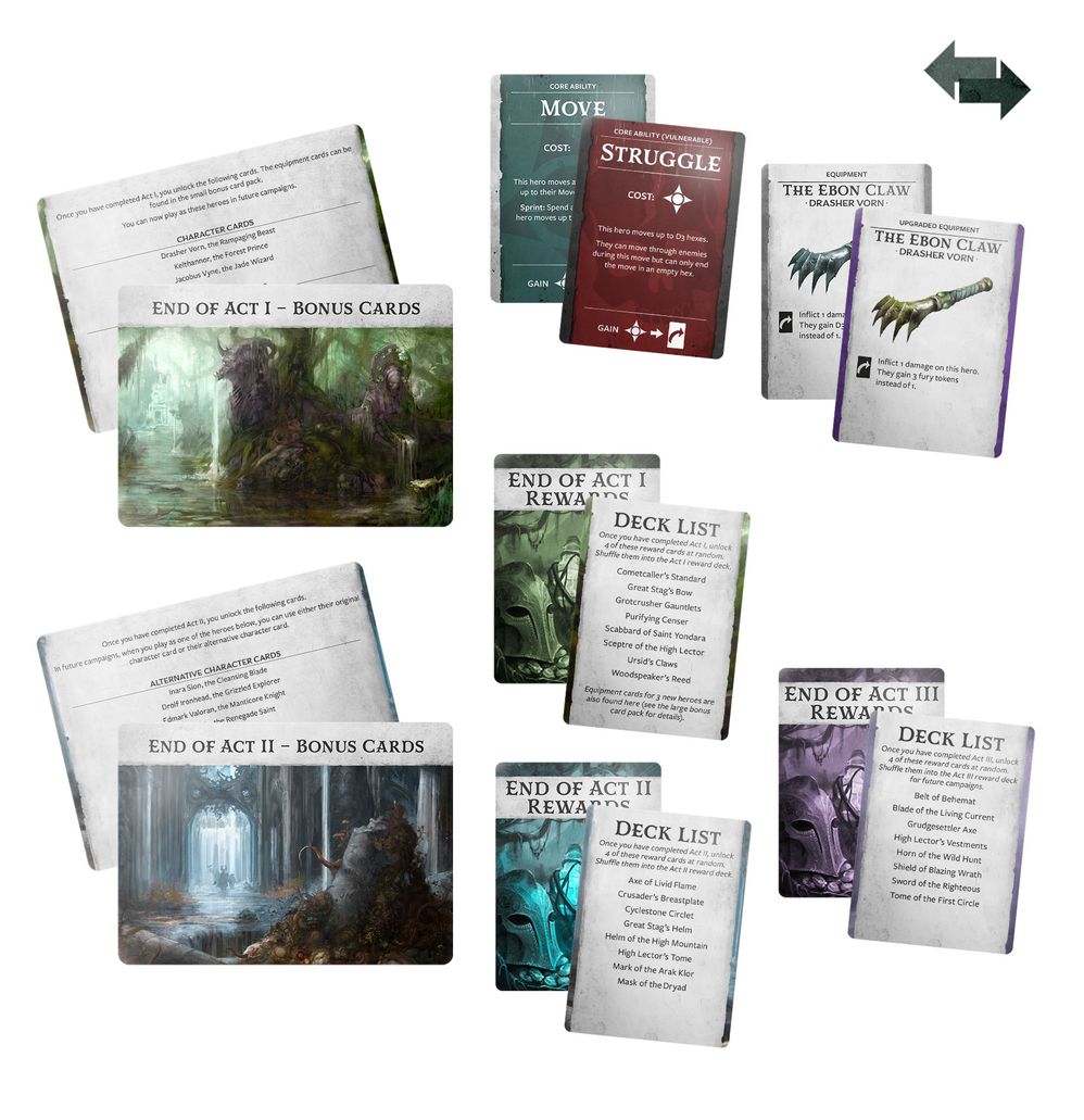 Warhammer Quest: Darkwater game cards, including reward cards and deck lists