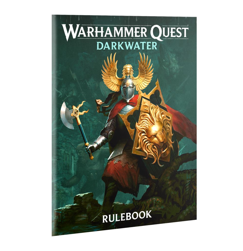 Warhammer Quest: Darkwater rulebook front cover with an armoured hero holding a golden shield