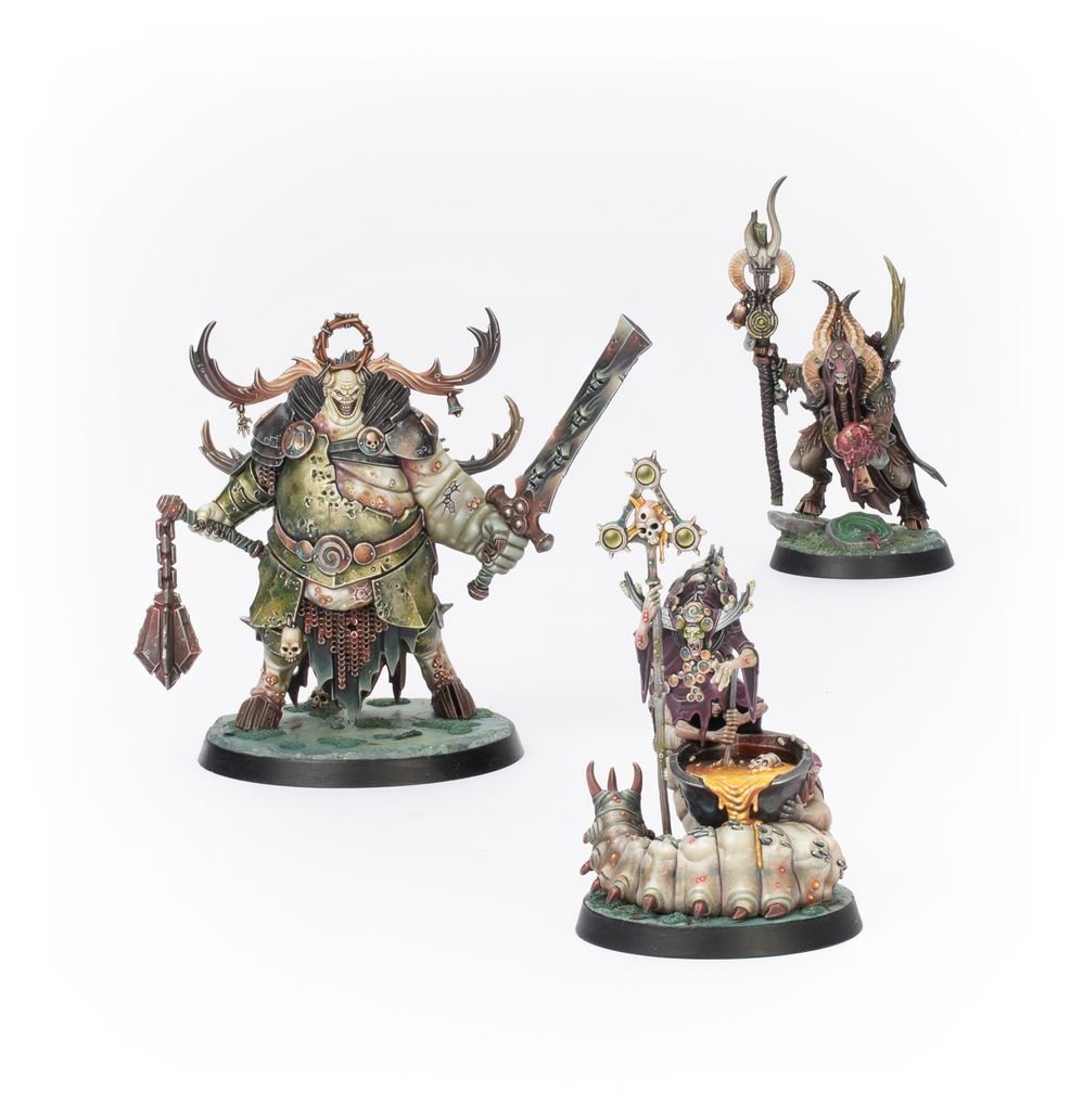 Painted antlered villains and robed sorcerer on a throne from Warhammer Quest: Darkwater