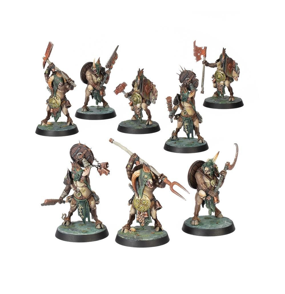 Painted beastman-style warriors with shields and spears from Warhammer Quest: Darkwater