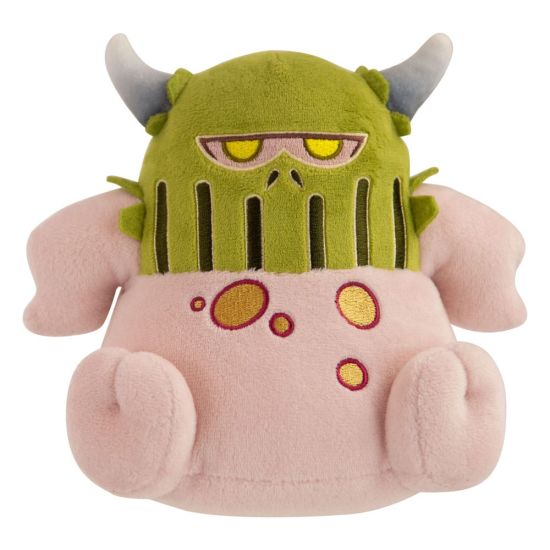 TOMY Warhammer Sassy Nurgling plush, front view with green helmet, yellow eyes and horns