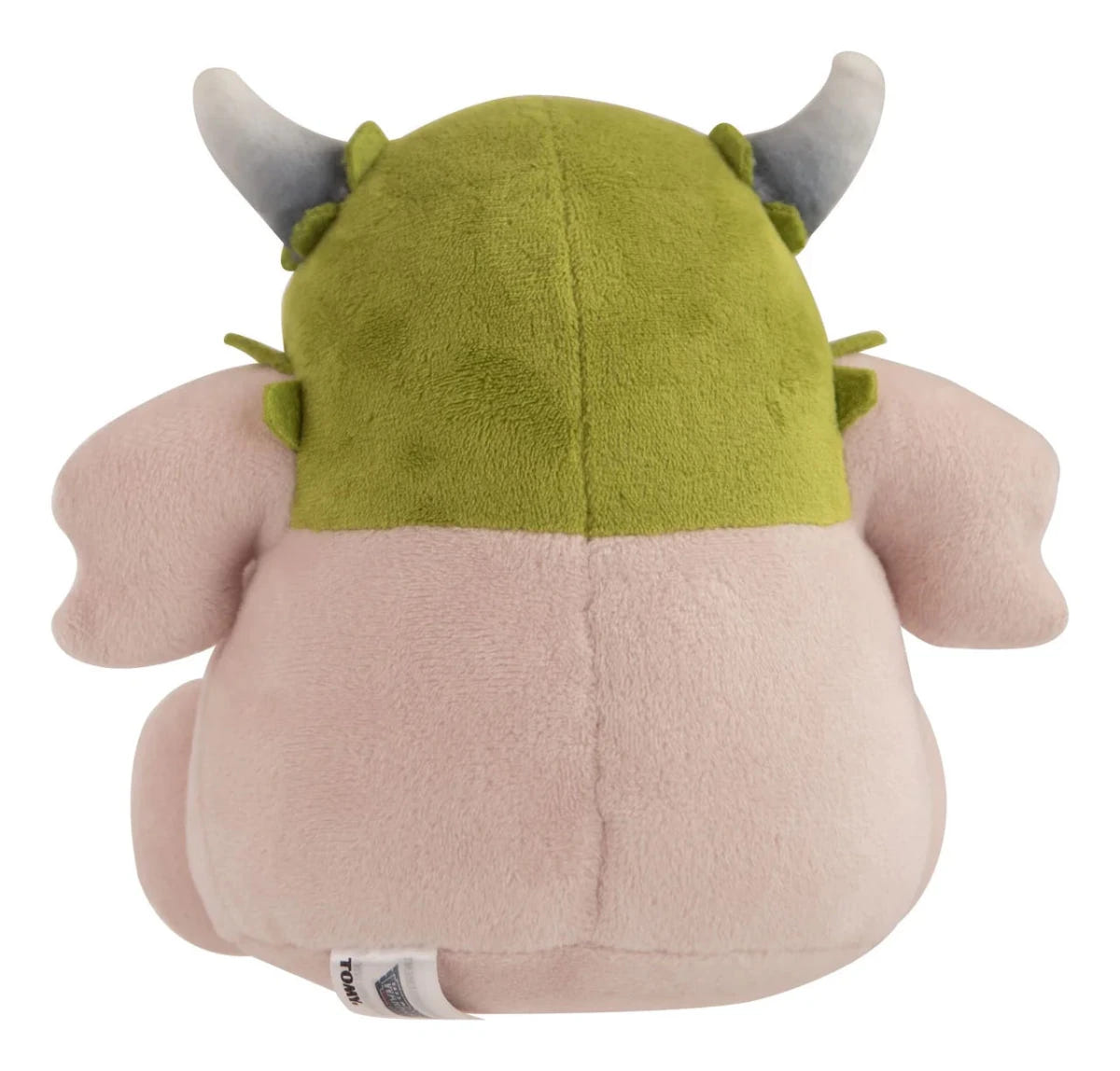 Rear view of the TOMY Warhammer Sassy Nurgling plush with green helmet and pink back