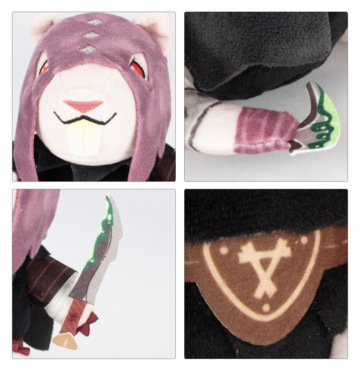 Close-ups of the Skaven Deathmaster plush: hooded face, felt blade, clawed foot and belt buckle