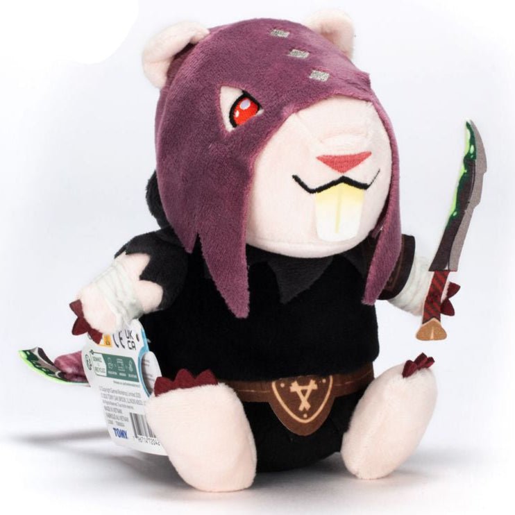 TOMY Warhammer Skaven Deathmaster plush with purple hood, buck teeth and felt blade, front angle