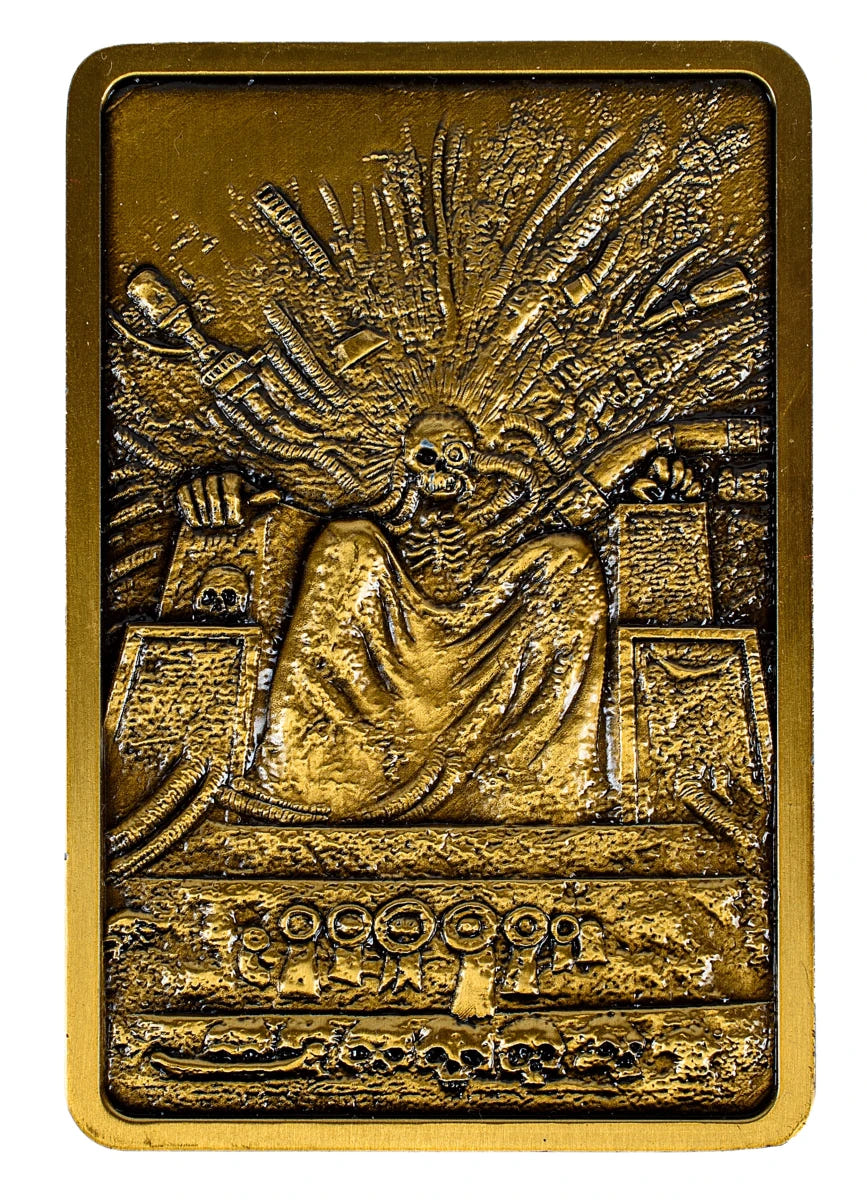 Front of the Warhammer 40,000 Emperor ingot showing the Emperor on the Golden Throne in relief
