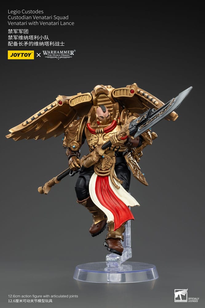 JoyToy Legio Custodes Custodian Venatari with Venatari Lance 13 cm, flying pose on clear stand, lance held low