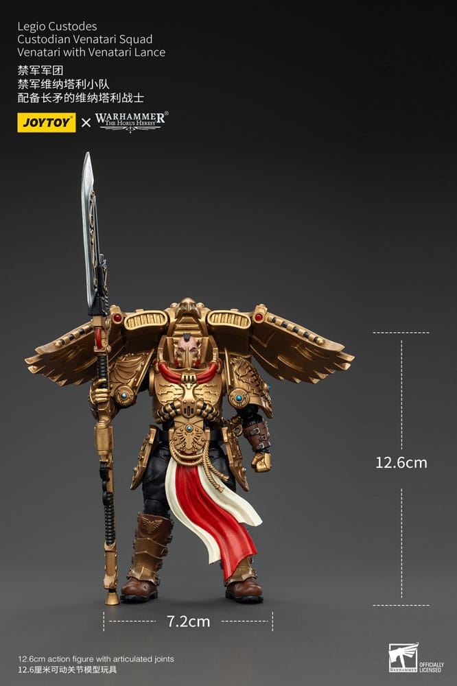 JoyToy Legio Custodes Custodian Venatari with Venatari Lance 13 cm, front view with height marked at 12.6 cm