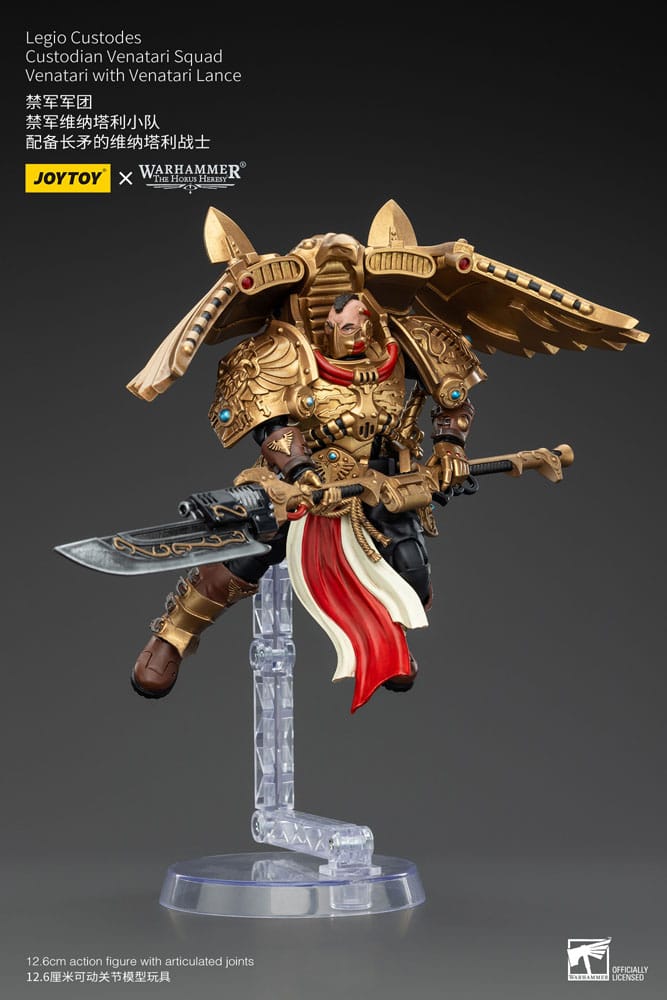 JoyToy Legio Custodes Custodian Venatari with Venatari Lance 13 cm, flying pose on clear stand, lance thrust forward