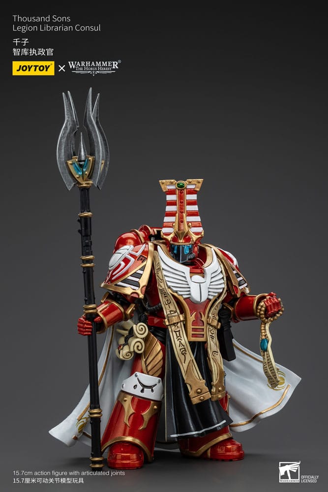 JoyToy Horus Heresy Thousand Sons Librarian Consul 1/18 figure, front view, staff raised in left hand