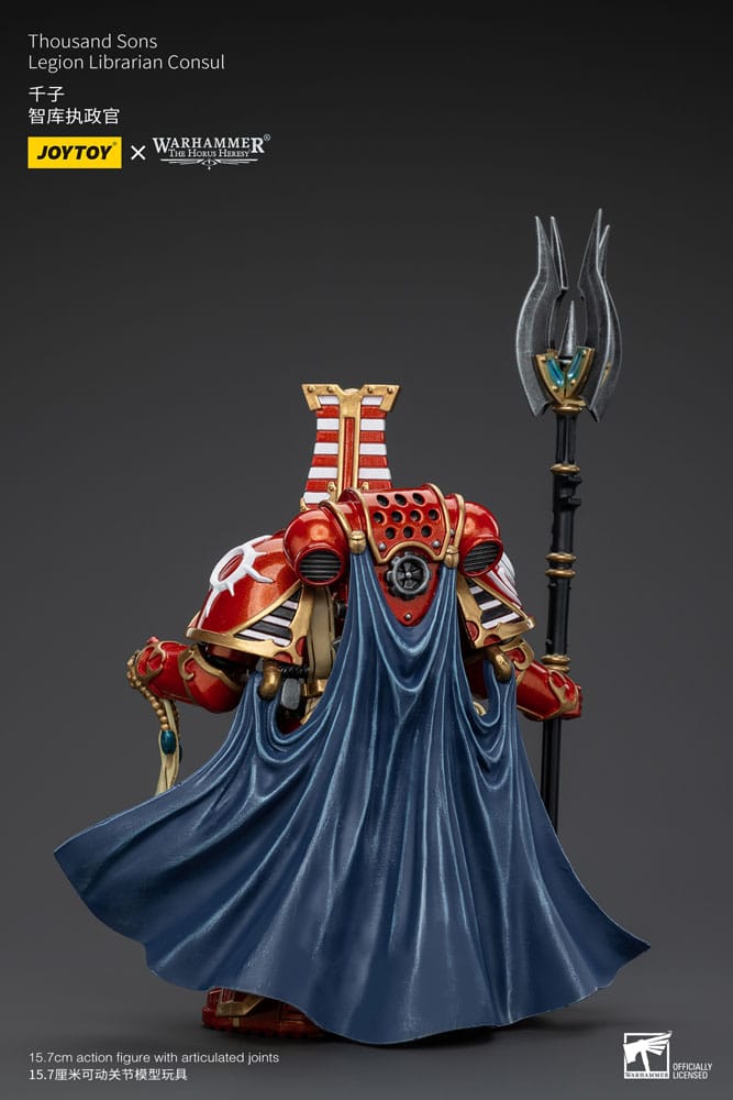 JoyToy Horus Heresy Thousand Sons Librarian Consul 1/18 figure, back view showing blue cloak
