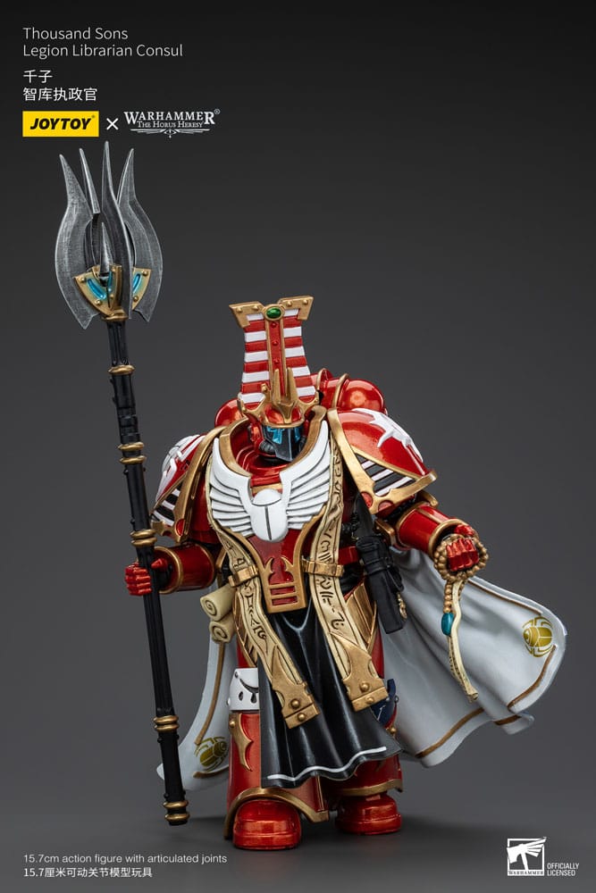 JoyToy Horus Heresy Thousand Sons Librarian Consul 1/18 figure, front view with staff and holstered pistol