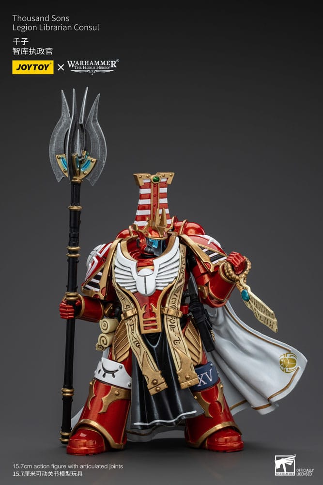 JoyToy Horus Heresy Thousand Sons Librarian Consul 1/18 figure, three-quarter view, staff held at side