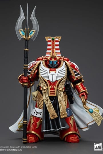 JoyToy Horus Heresy Thousand Sons Librarian Consul 1/18 figure, front view holding force staff, white cloak