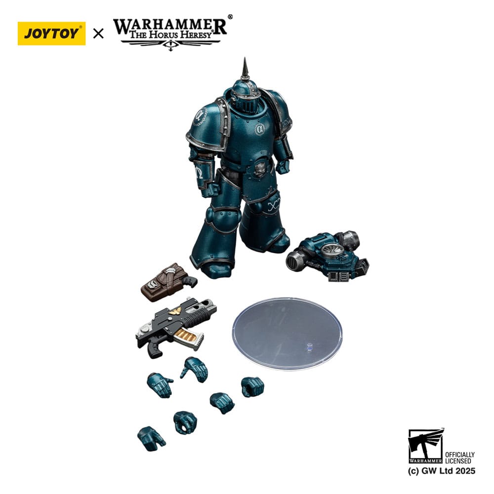 JoyToy Horus Heresy Alpha Legion MK III Tactical Legionary figure, contents on white: figure, weapons, hands, stand