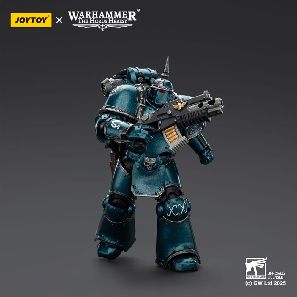 JoyToy Horus Heresy Alpha Legion MK III Tactical Legionary figure, three-quarter view with bolter, on dark