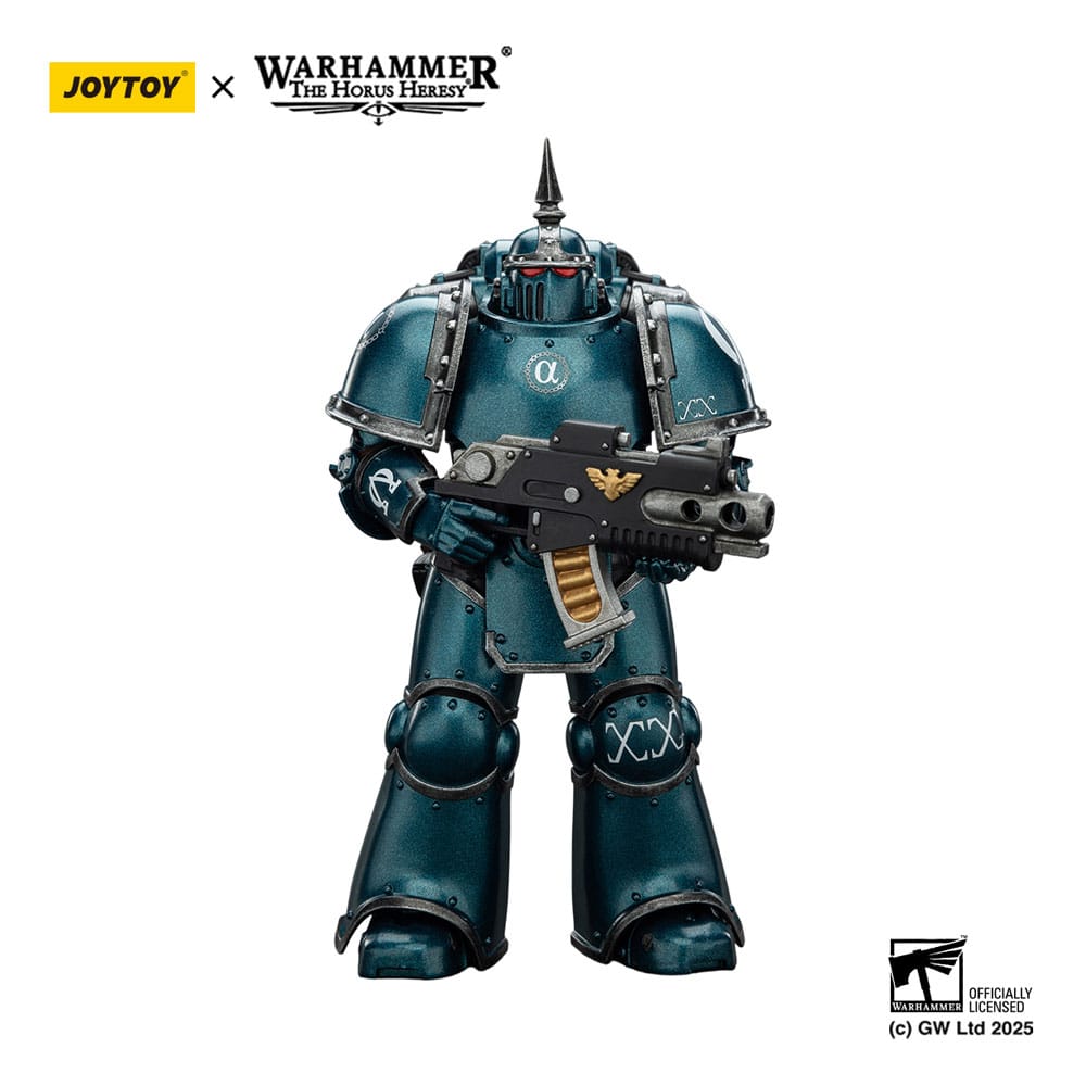 JoyToy Horus Heresy Alpha Legion MK III Tactical Legionary figure, front view with bolter, on white