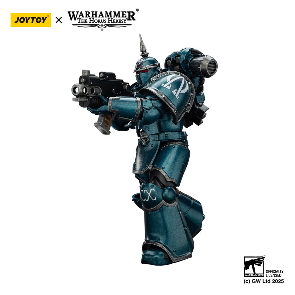 JoyToy Horus Heresy Alpha Legion MK III Tactical Legionary figure, side view aiming bolt pistol, on white