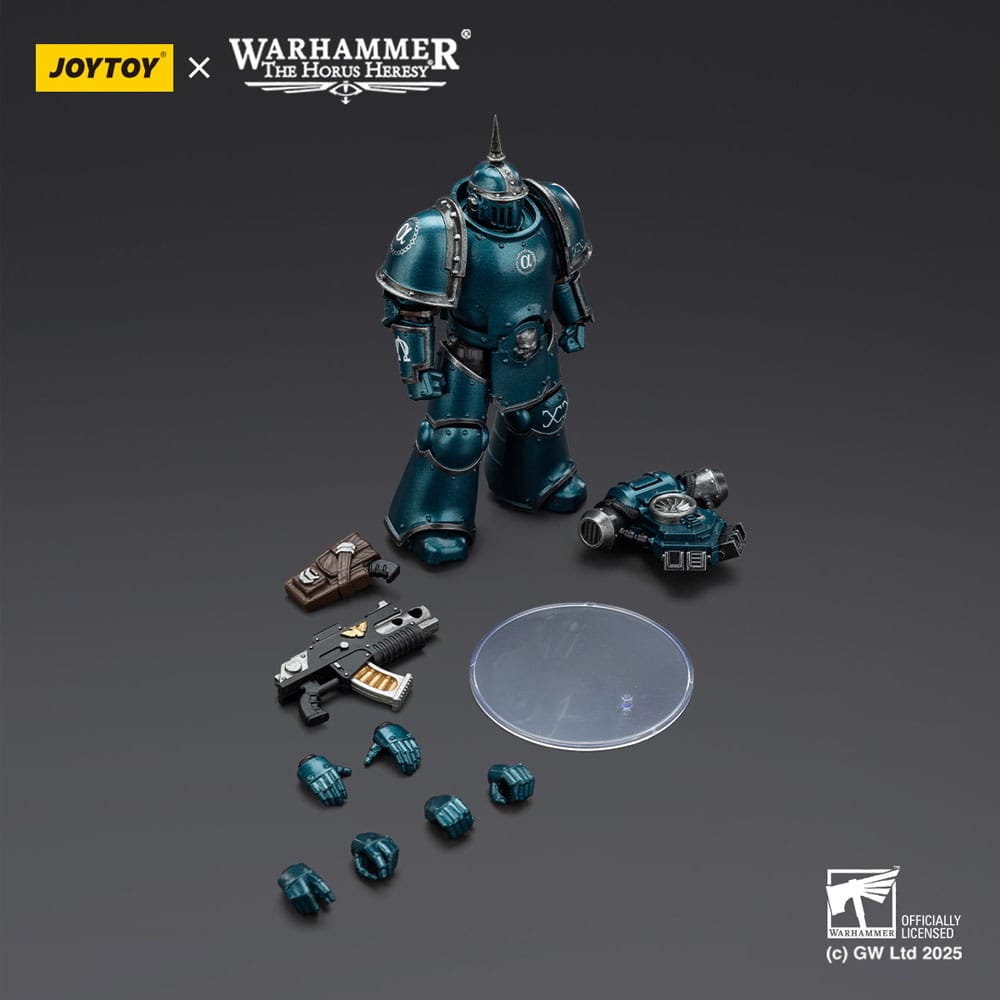 JoyToy Horus Heresy Alpha Legion MK III Tactical Legionary figure, contents on dark: figure, weapons, hands, stand