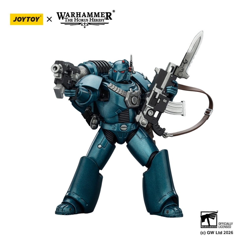 JoyToy Horus Heresy Alpha Legion MKVI Tactical Legionary figure, aiming bolt pistol with bolter raised, on white