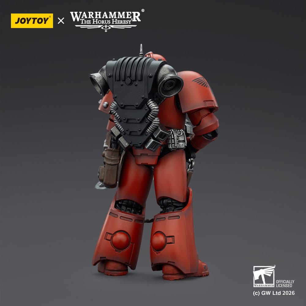 JoyToy Horus Heresy Blood Angels MKVI Tactical Legionary figure, back view showing backpack, on dark