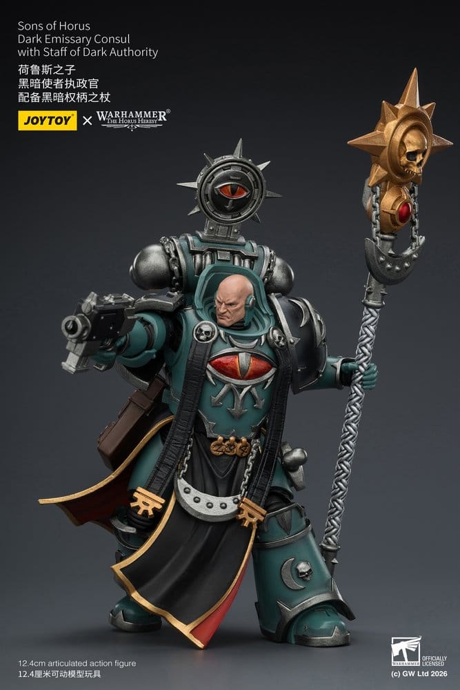 JoyToy Horus Heresy Sons of Horus Dark Emissary Consul figure, staff raised, pistol aimed