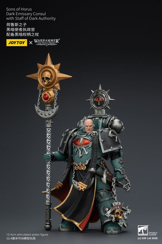 JoyToy Horus Heresy Sons of Horus Dark Emissary Consul figure, staff and flail, three-quarter view